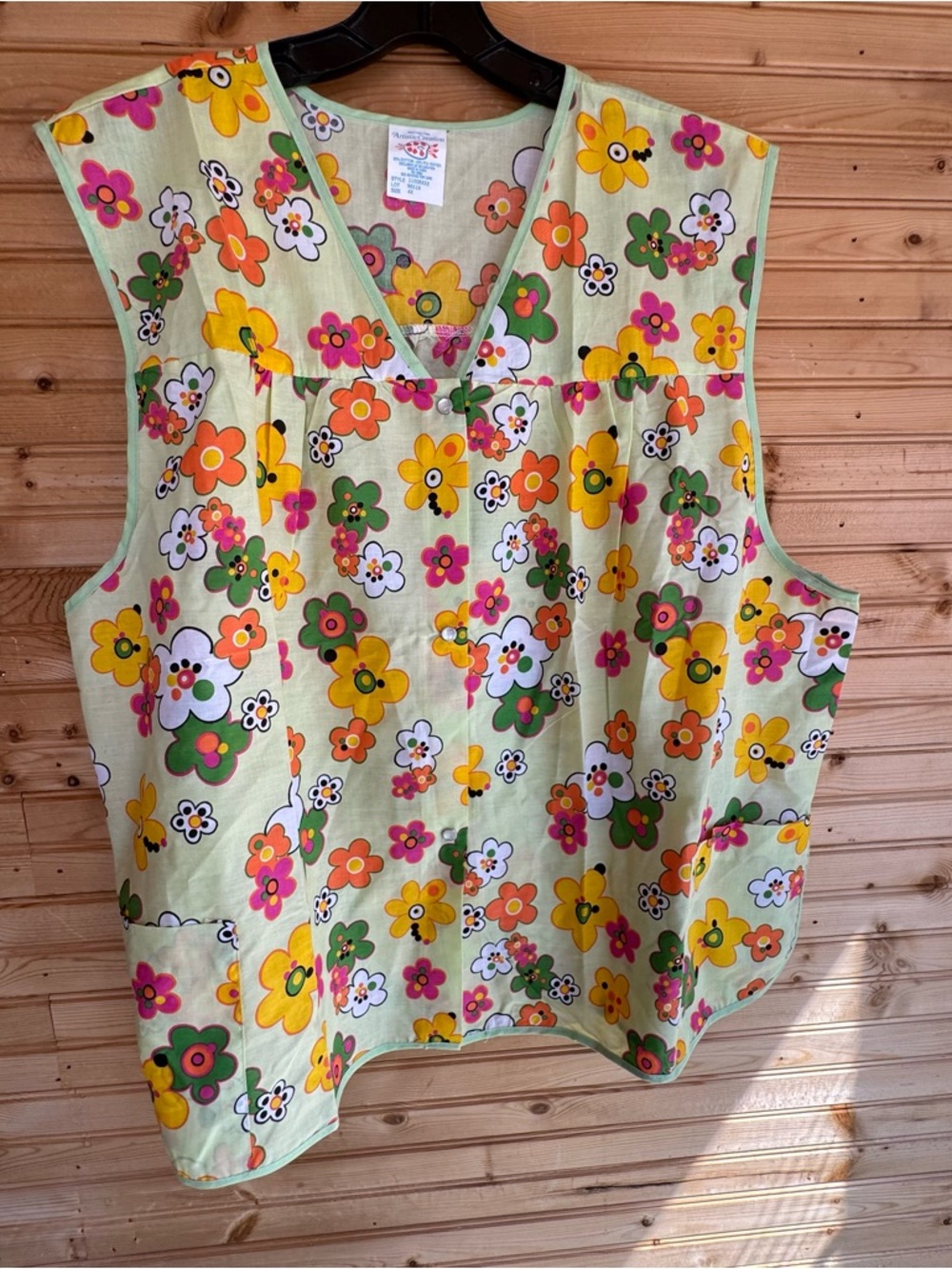 Vintage Art Smock Bright Daisies Green Trim Floral Sleeveless Pullover 4X